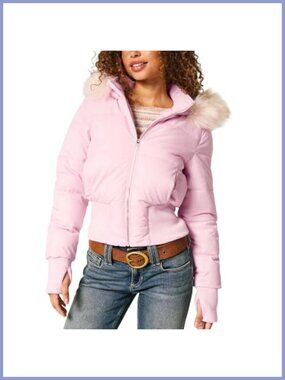 Womens Faux Fur Trim Hooded Quilted Puffer Bomber Jacket Winter Coat